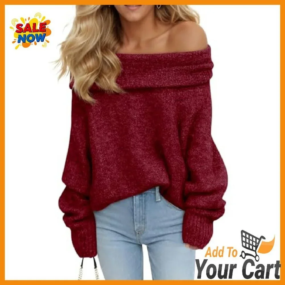 Oversized Off Shoulder Ribbed Knit Pullover Sweater Long Sleeve Loose Fit